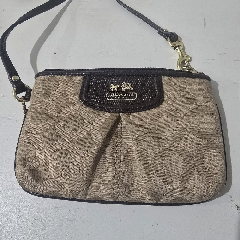 Coach Tan and Black Signature Wristlet
